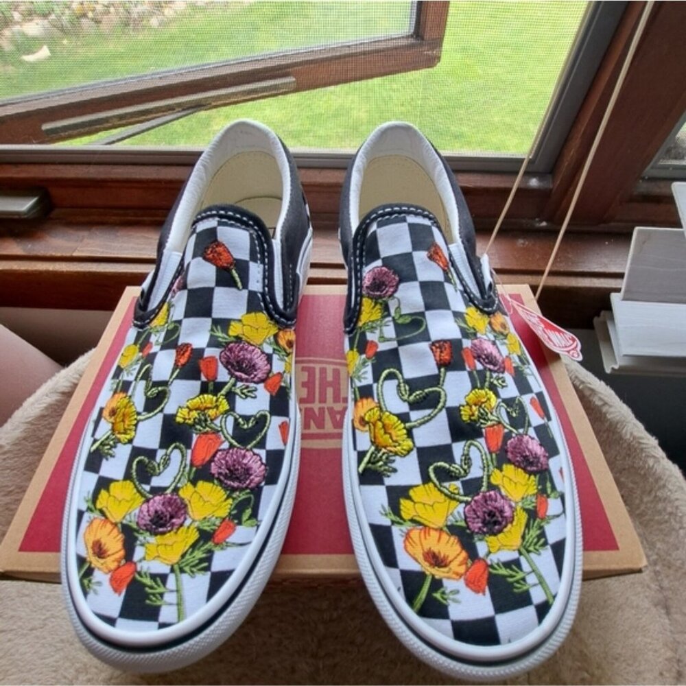 Vans Classic Slip-On Platform Women 5 Embroidered Poppy Checkerboard